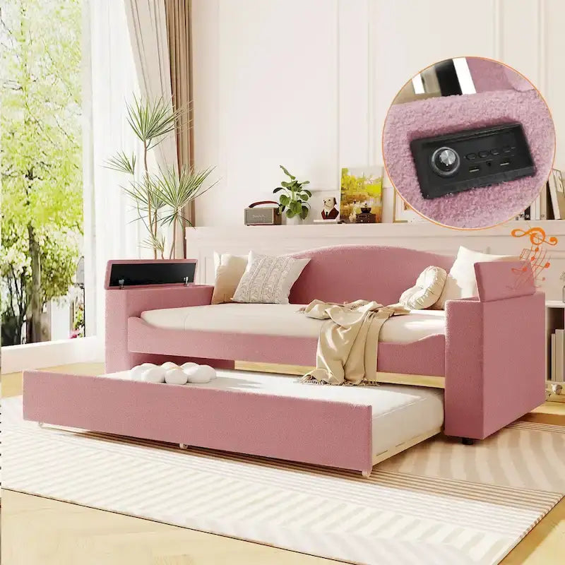 Lit de repos en molleton Teddy pour jumeaux avec accoudoirs de rangement et lit gigogne