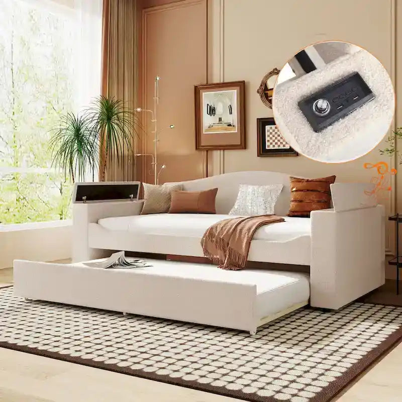 Lit de repos en molleton Teddy pour jumeaux avec accoudoirs de rangement et lit gigogne