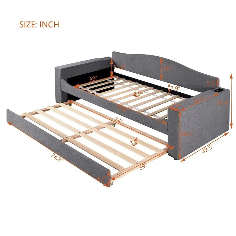 Lit de repos en molleton Teddy pour jumeaux avec accoudoirs de rangement et lit gigogne