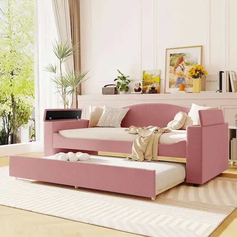 Lit de repos en molleton Teddy pour jumeaux avec accoudoirs de rangement et lit gigogne