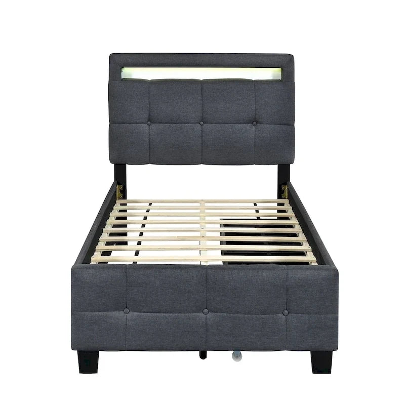 Lit plateforme capitonné double avec cadre LED et 2 tiroirs
