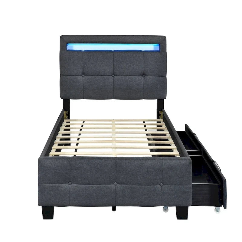 Lit plateforme capitonné double avec cadre LED et 2 tiroirs