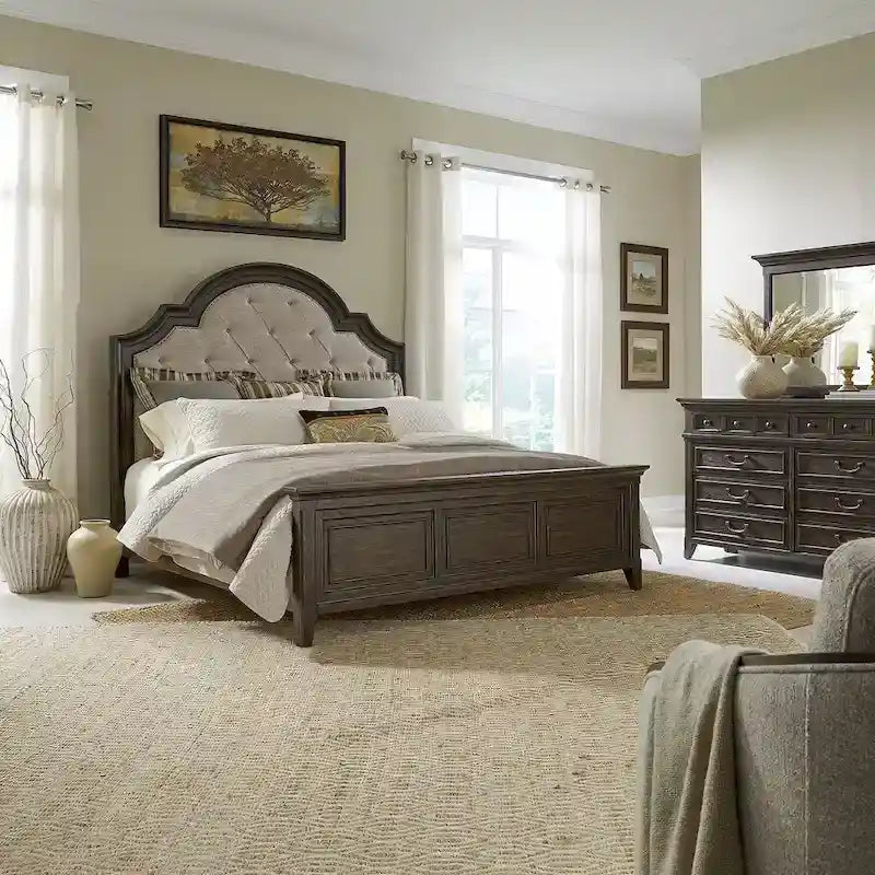 Set letto, cassettiera e specchio imbottiti marrone sella Paradise Valley