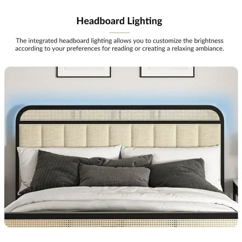 Alphons Modern Solid Wood Frame Ratten Bed with LED Headboard by HULALA HOME