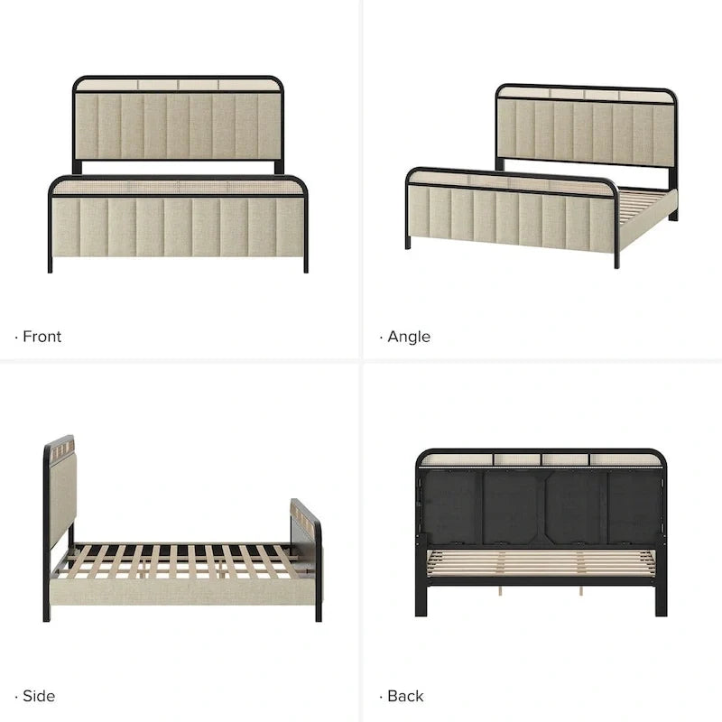 Alphons Modern Solid Wood Frame Ratten Bed with LED Headboard by HULALA HOME