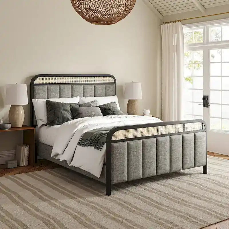 Alphons Modern Solid Wood Frame Ratten Bed with LED Headboard by HULALA HOME