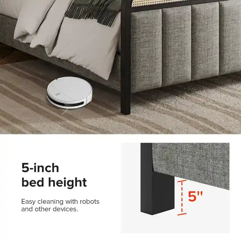Alphons Modern Solid Wood Frame Ratten Bed with LED Headboard by HULALA HOME