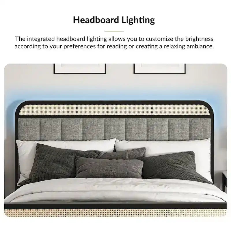 Alphons Modern Solid Wood Frame Ratten Bed with LED Headboard by HULALA HOME