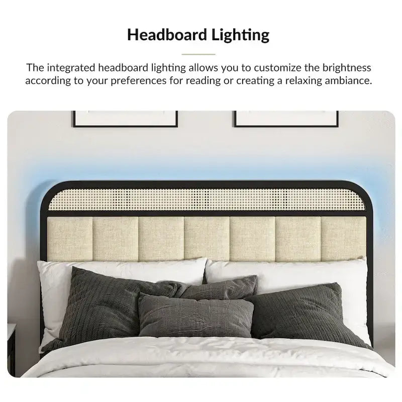 Alphons Modern Solid Wood Frame Ratten Bed with LED Headboard by HULALA HOME