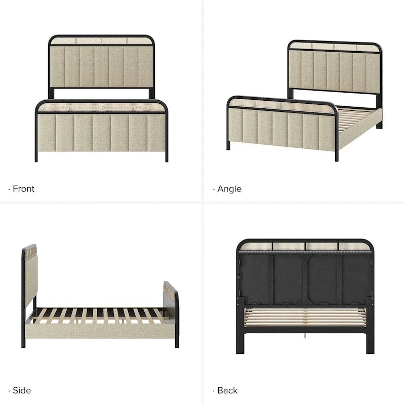 Alphons Modern Solid Wood Frame Ratten Bed with LED Headboard by HULALA HOME