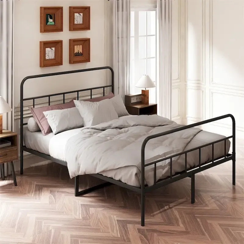 Telaio Letto Matrimoniale in Metallo Queen Size con Testiera, Nessuna Rete a Molle Necessaria