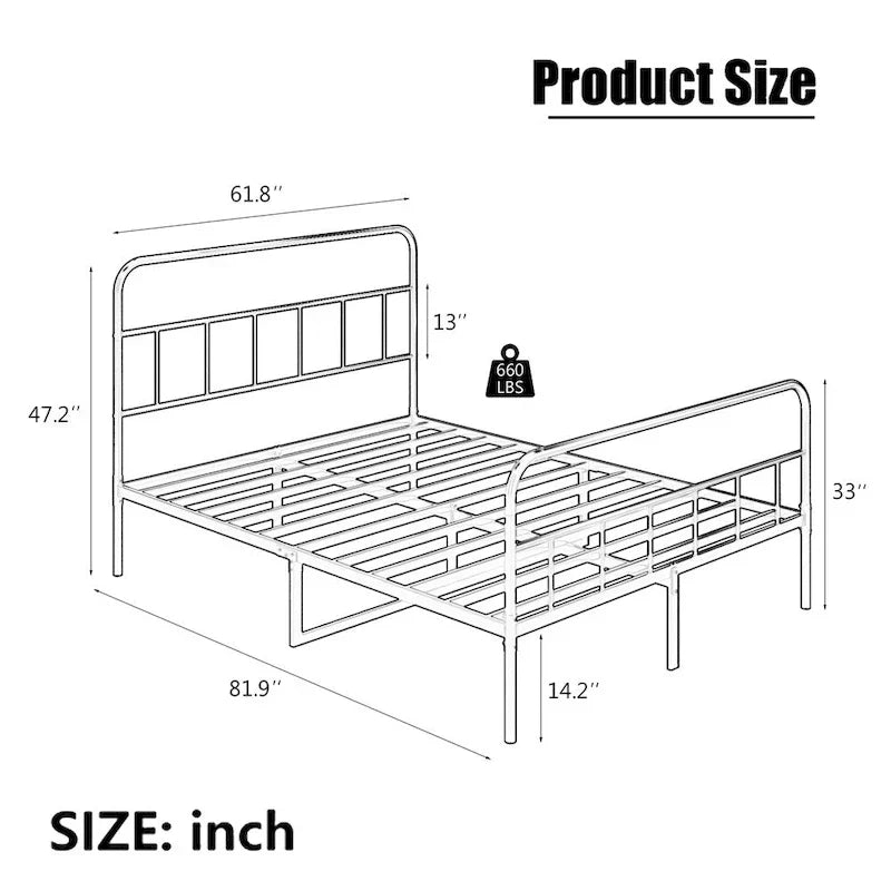 Telaio Letto Matrimoniale in Metallo Queen Size con Testiera, Nessuna Rete a Molle Necessaria
