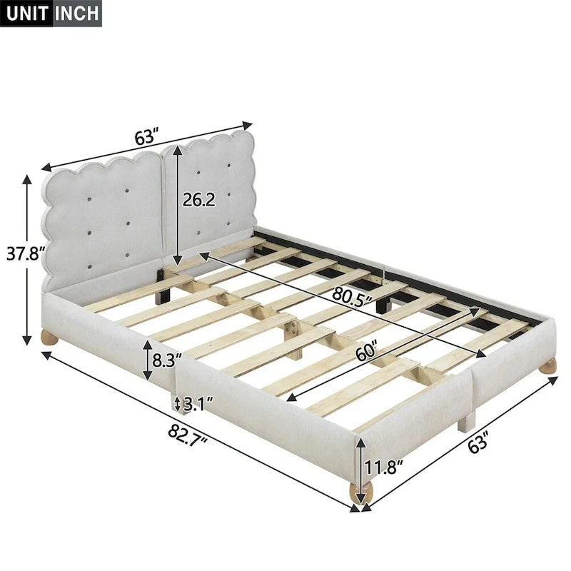 Letto a piattaforma imbottito con struttura in legno Queen Size con gambe di supporto
