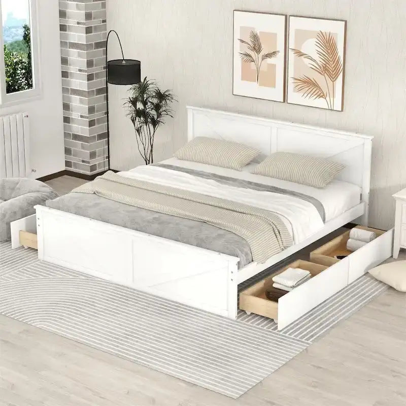 King Size Wooden Platform Bed with Four Storage Drawers and Support Legs