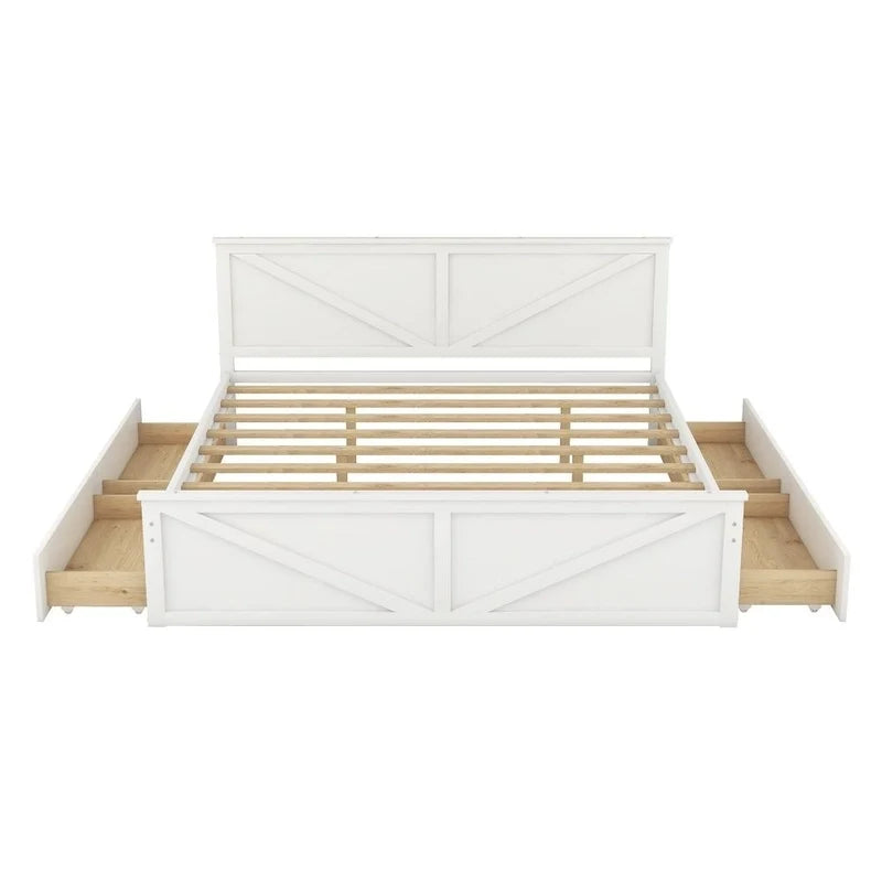 King Size Wooden Platform Bed with Four Storage Drawers and Support Legs
