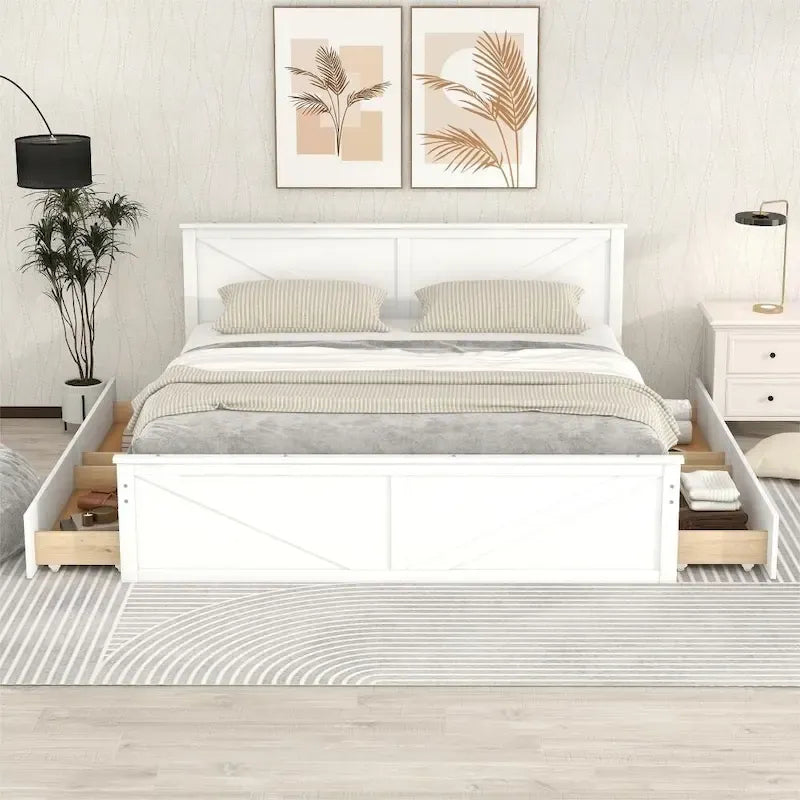 King Size Wooden Platform Bed with Four Storage Drawers and Support Legs