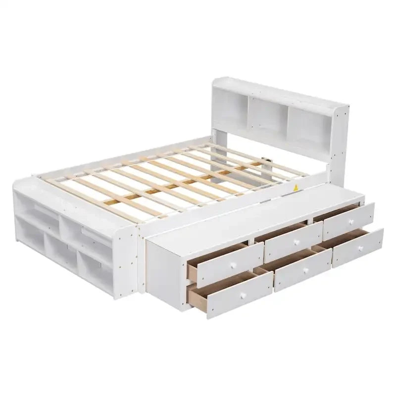 Lit double avec tête de lit bibliothèque, tiroirs de rangement sous le lit et coffre de rangement en bout de lit