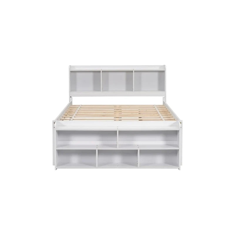 Lit double avec tête de lit bibliothèque, tiroirs de rangement sous le lit et coffre de rangement en bout de lit