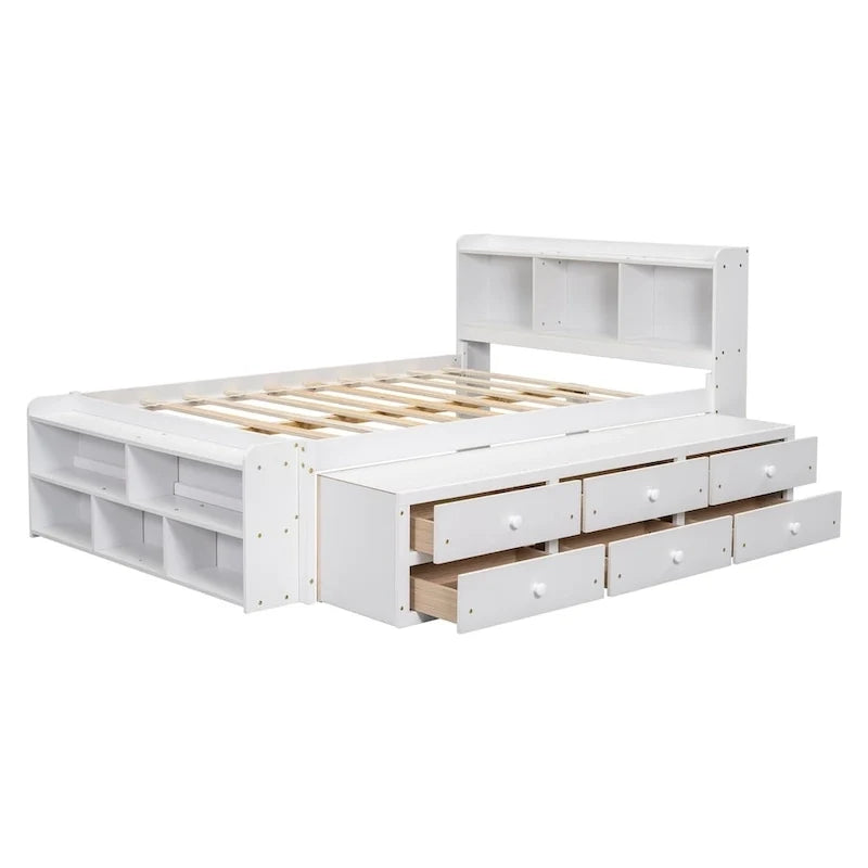 Lit double avec tête de lit bibliothèque, tiroirs de rangement sous le lit et coffre de rangement en bout de lit