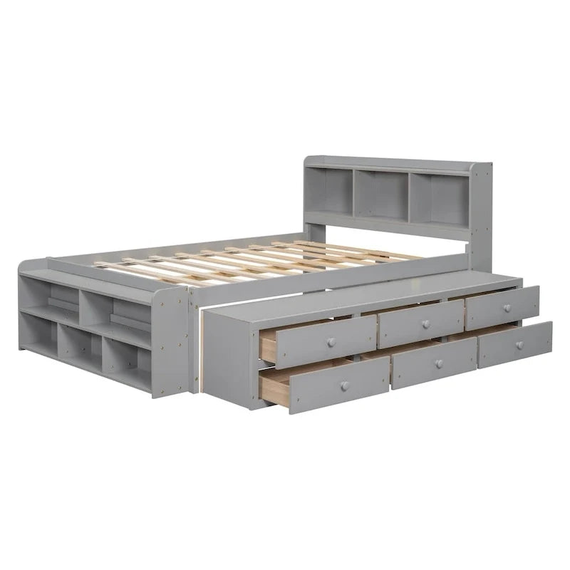 Lit double avec tête de lit bibliothèque, tiroirs de rangement sous le lit et coffre de rangement en bout de lit