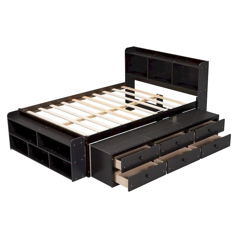 Lit double avec tête de lit bibliothèque, tiroirs de rangement sous le lit et coffre de rangement en bout de lit