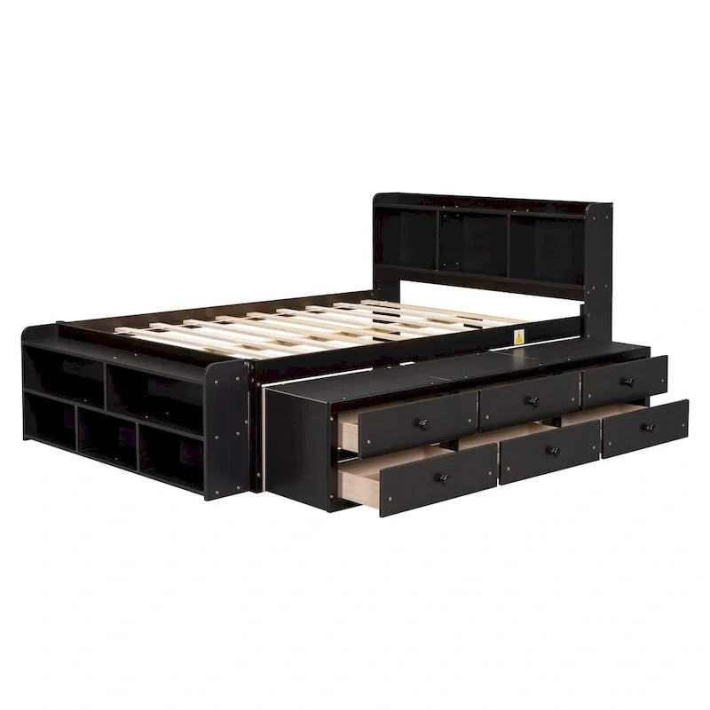 Lit double avec tête de lit bibliothèque, tiroirs de rangement sous le lit et coffre de rangement en bout de lit