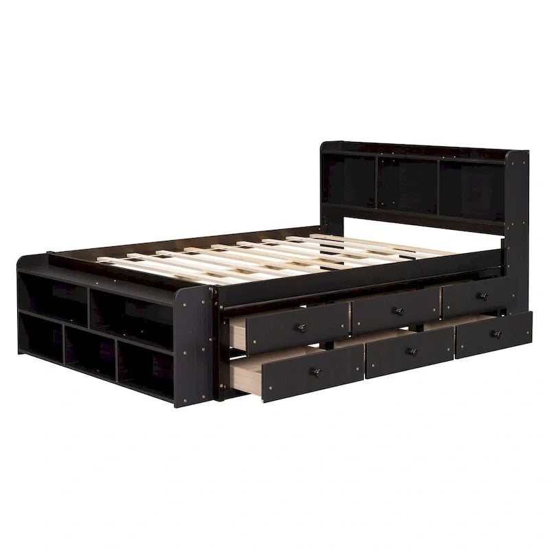 Lit double avec tête de lit bibliothèque, tiroirs de rangement sous le lit et coffre de rangement en bout de lit