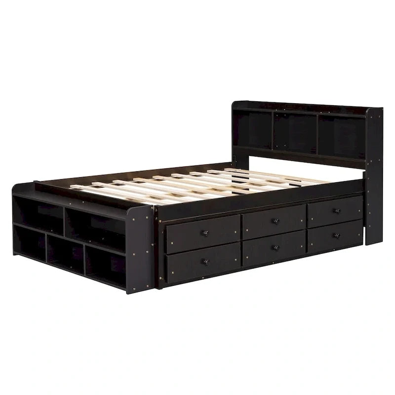 Lit double avec tête de lit bibliothèque, tiroirs de rangement sous le lit et coffre de rangement en bout de lit