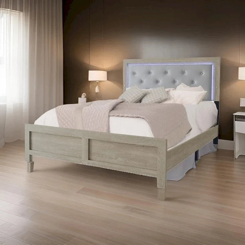 Lit King Size Ancy, tête de lit capitonnée et rembourrée, finition gris clair