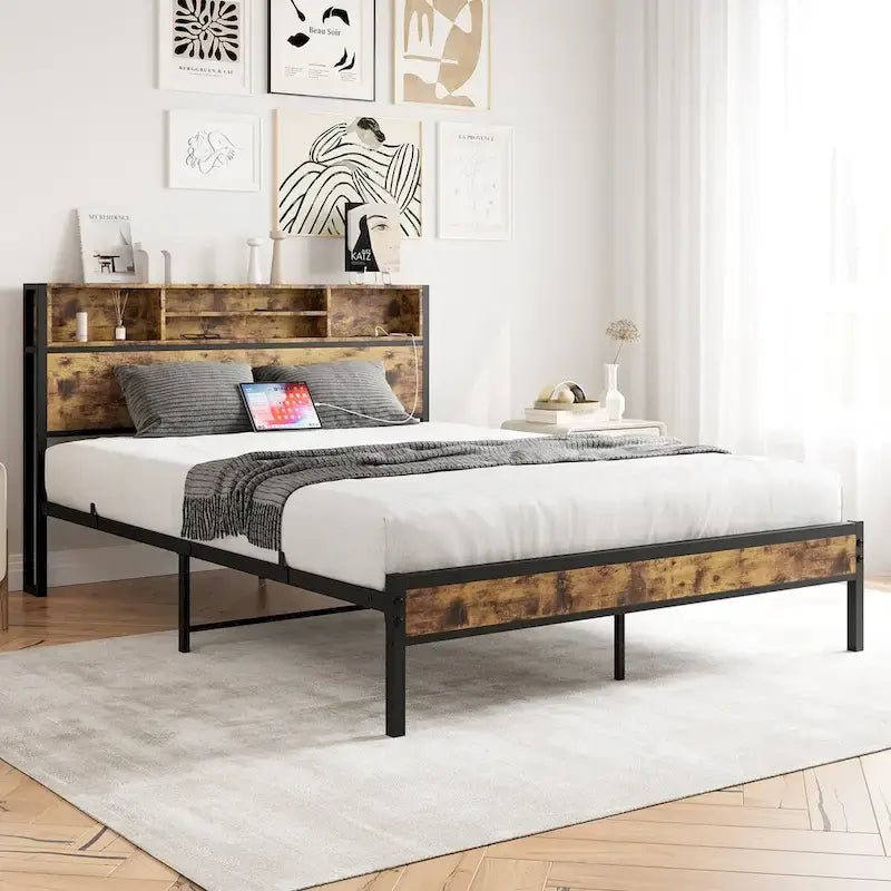 Queen Bed Frame with Storage Headboard, Metal Platform Bed with Charging Station, Bookcase Storage, No Box Spring Needed