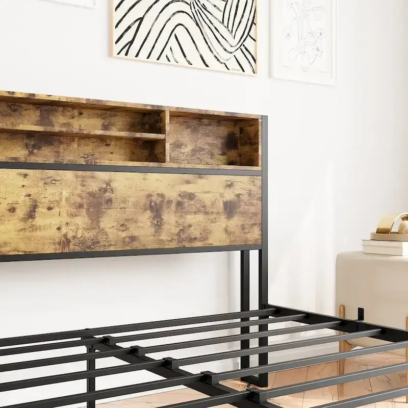 Queen Bed Frame with Storage Headboard, Metal Platform Bed with Charging Station, Bookcase Storage, No Box Spring Needed