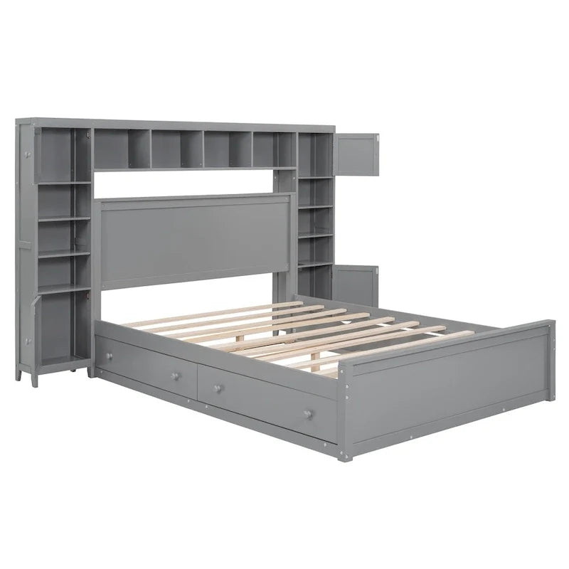 Letto matrimoniale in legno con mobile contenitore integrato