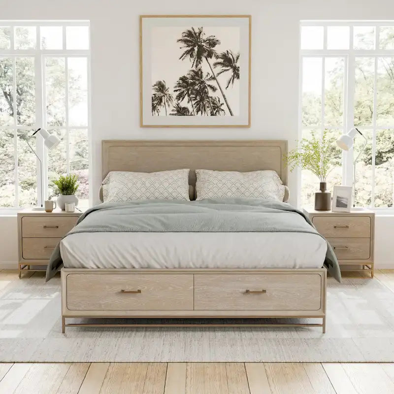 Ensemble de chambre à coucher 3 pièces lit et 2 tables de chevet en bois massif de chêne transitionnel Drayden de Furniture of America