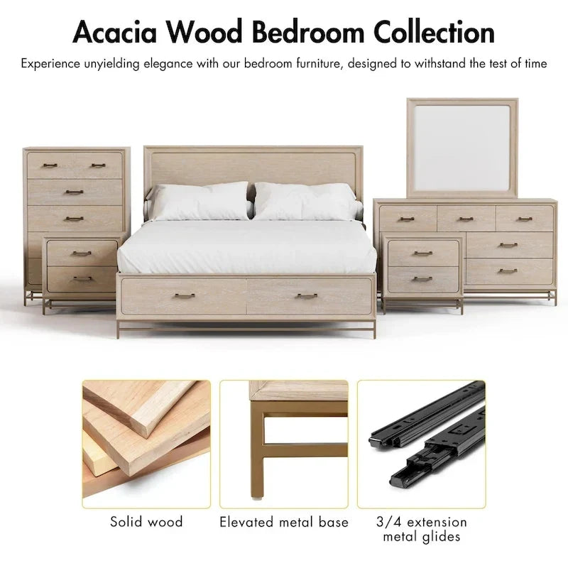 Ensemble de chambre à coucher 3 pièces lit et 2 tables de chevet en bois massif de chêne transitionnel Drayden de Furniture of America