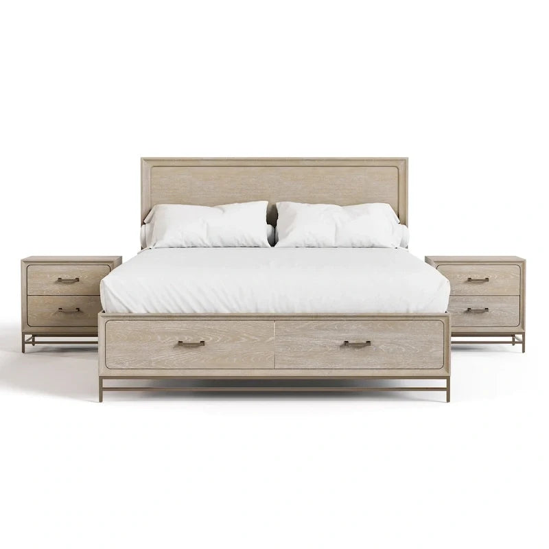 Ensemble de chambre à coucher 3 pièces lit et 2 tables de chevet en bois massif de chêne transitionnel Drayden de Furniture of America