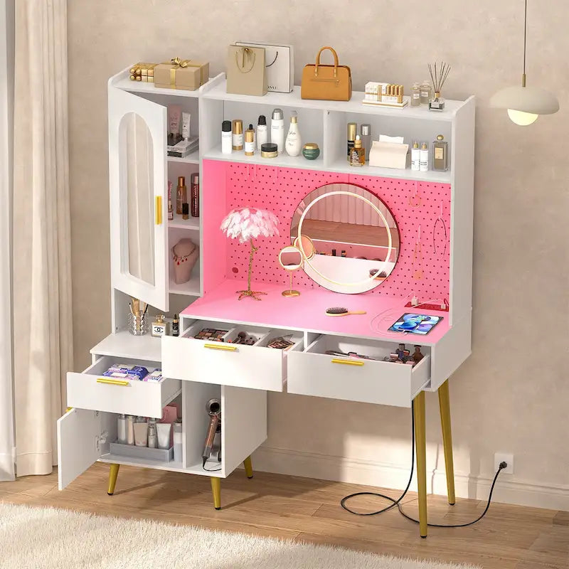 Coiffeuse avec panneau perforé et huche, table de maquillage de chambre à coucher avec station de charge et lumière LED - S/O