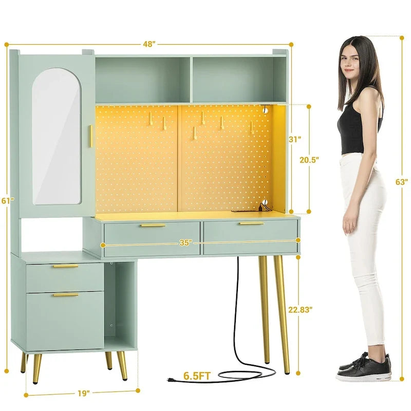 Coiffeuse avec panneau perforé et huche, table de maquillage de chambre à coucher avec station de charge et lumière LED - S/O