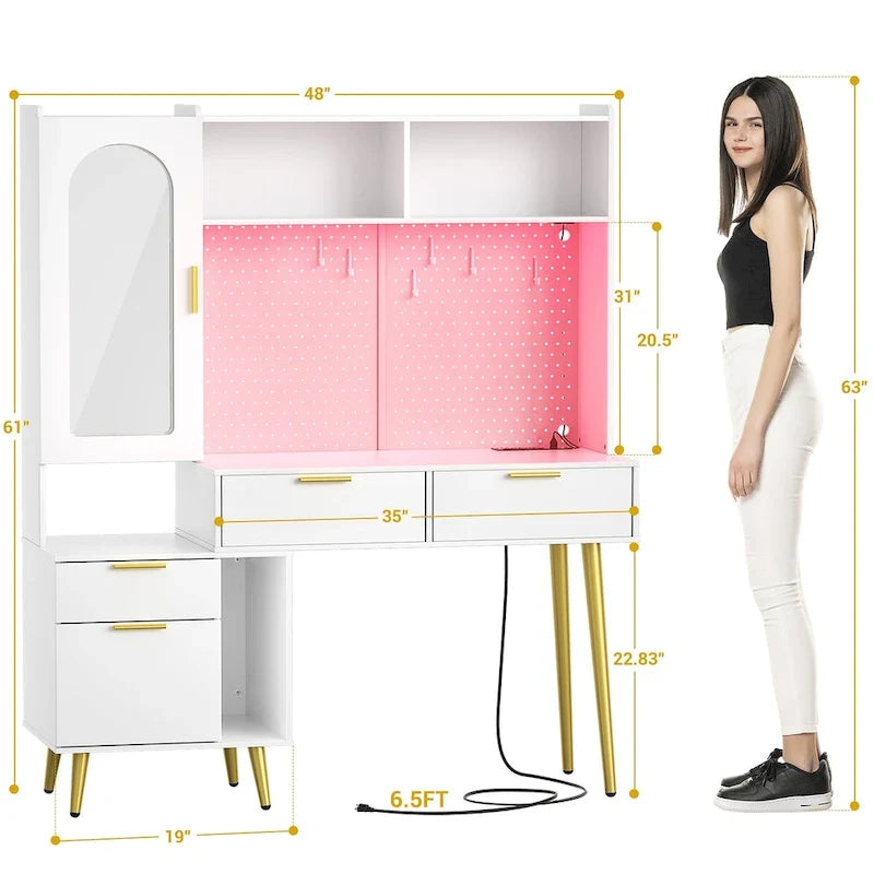 Coiffeuse avec panneau perforé et huche, table de maquillage de chambre à coucher avec station de charge et lumière LED - S/O
