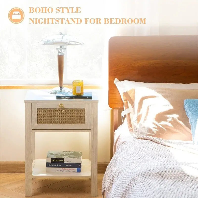 Comodini Bianchi Set da 2 con Cassetto e Decorazioni in Rattan