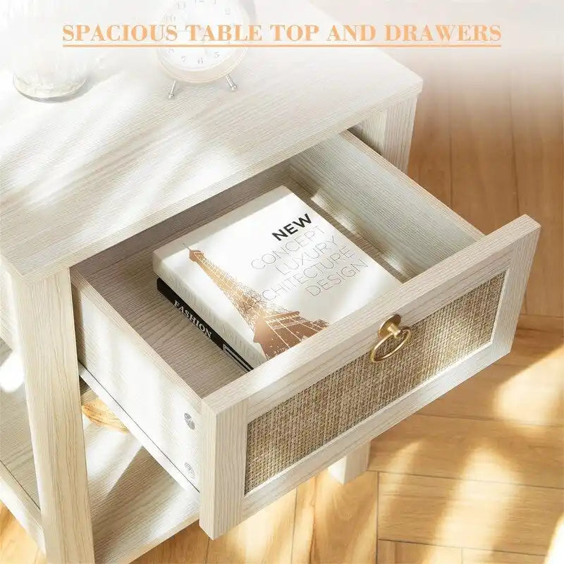 Comodini Bianchi Set da 2 con Cassetto e Decorazioni in Rattan