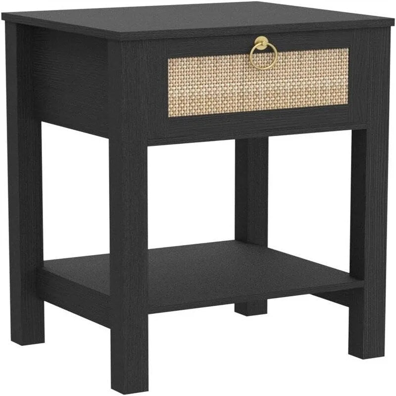 Comodini Bianchi Set da 2 con Cassetto e Decorazioni in Rattan