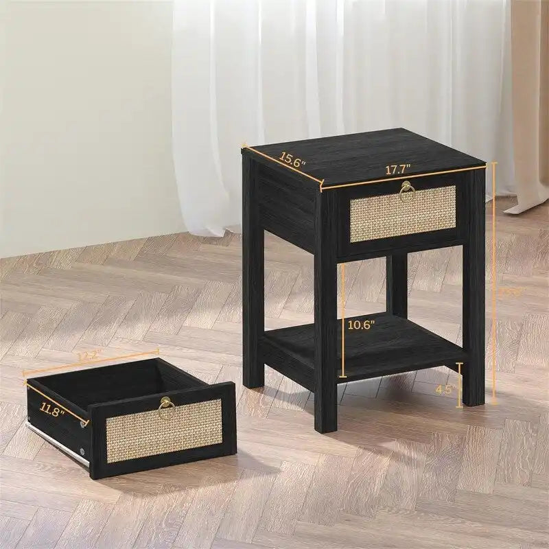 Comodini Bianchi Set da 2 con Cassetto e Decorazioni in Rattan