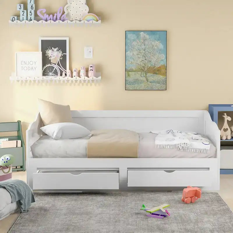 Divano Letto Estraibile in Legno, Letto da Giorno con Letto Estraibile e 2 Cassetti Contenitori