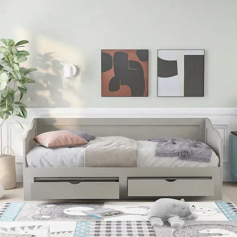 Divano Letto Estraibile in Legno, Letto da Giorno con Letto Estraibile e 2 Cassetti Contenitori