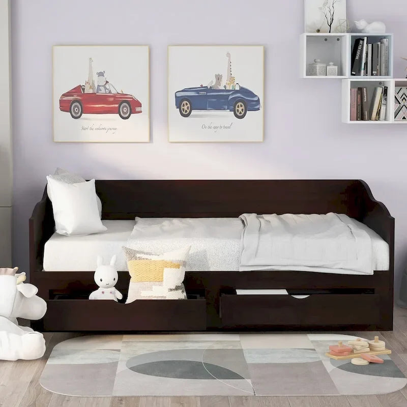 Divano Letto Estraibile in Legno, Letto da Giorno con Letto Estraibile e 2 Cassetti Contenitori