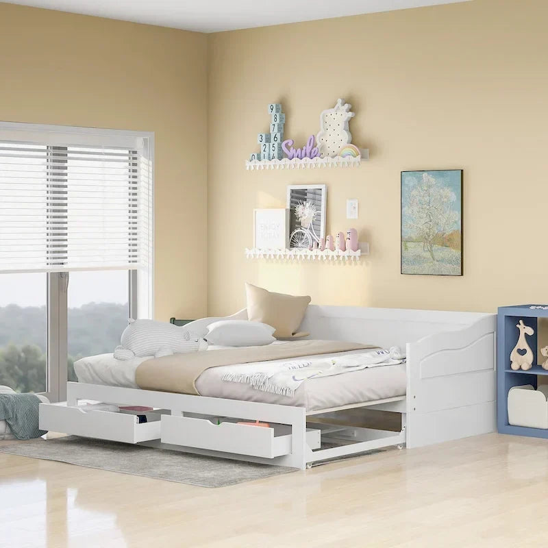 Divano Letto Estraibile in Legno, Letto da Giorno con Letto Estraibile e 2 Cassetti Contenitori