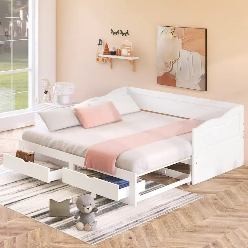 Divano Letto Estraibile in Legno, Letto da Giorno con Letto Estraibile e 2 Cassetti Contenitori