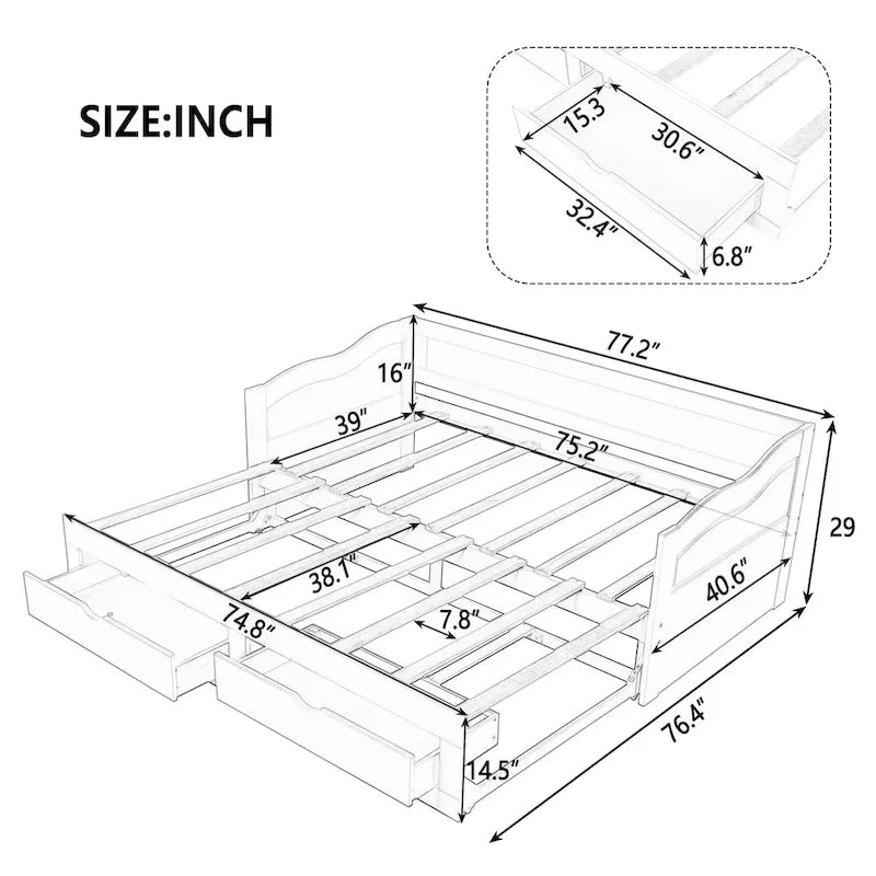 Divano Letto Estraibile in Legno, Letto da Giorno con Letto Estraibile e 2 Cassetti Contenitori