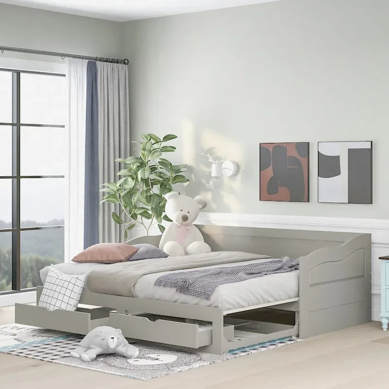 Divano Letto Estraibile in Legno, Letto da Giorno con Letto Estraibile e 2 Cassetti Contenitori