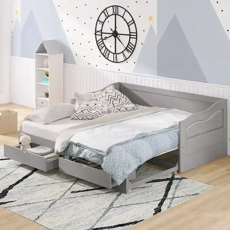 Divano Letto Estraibile in Legno, Letto da Giorno con Letto Estraibile e 2 Cassetti Contenitori